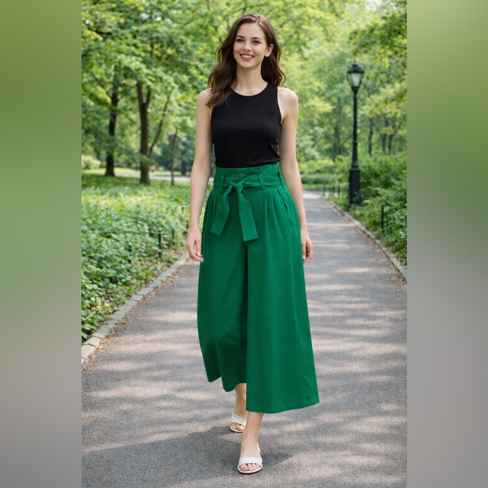 Zara Vibrant Green Wide-Leg cropped Pants paper bag L missing belt